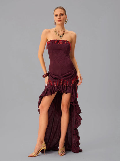 Abito Maxi A Balze Senza Spalline con Lace Up Jetskin