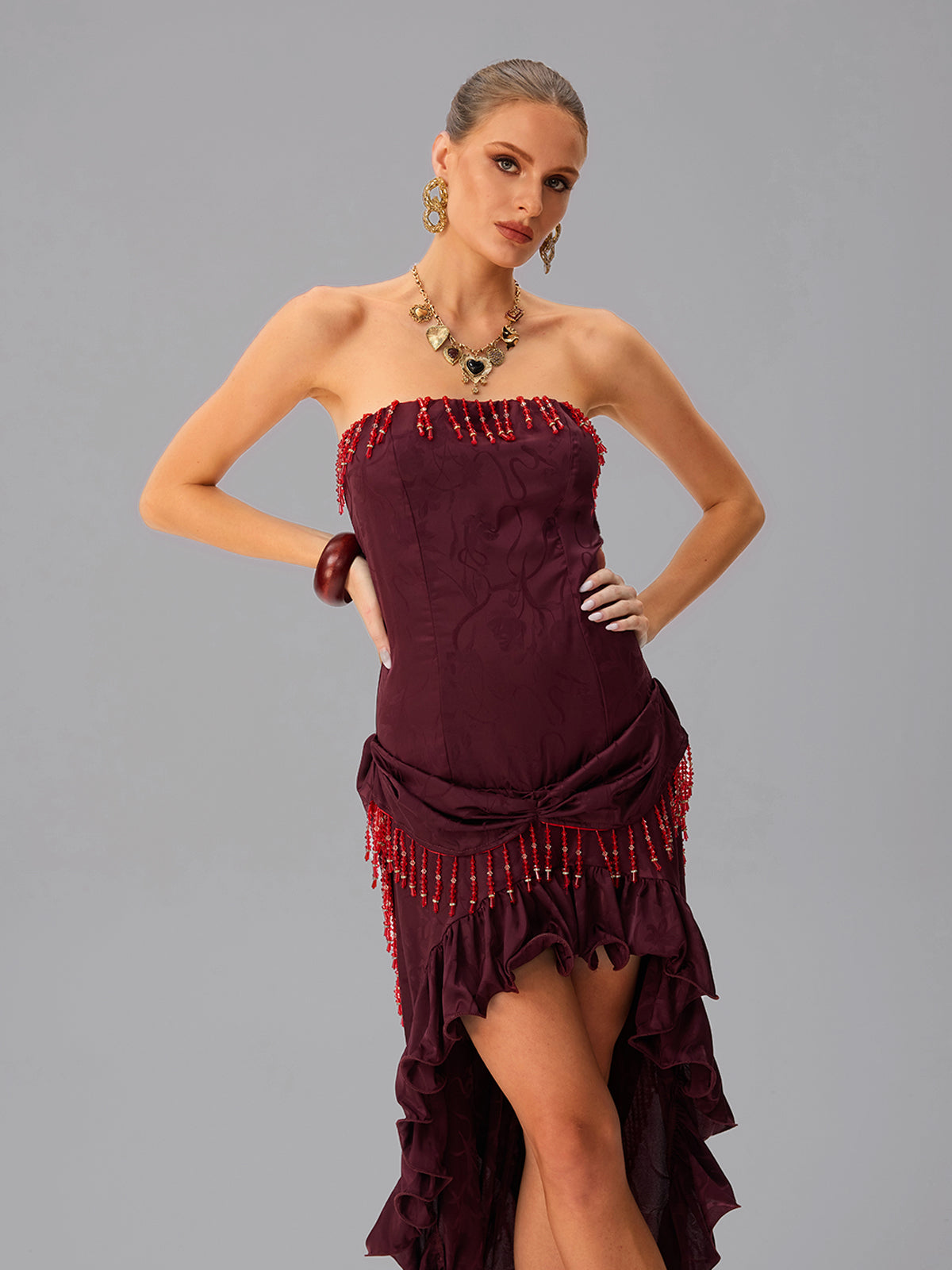 Abito Maxi A Balze Senza Spalline con Lace Up Jetskin