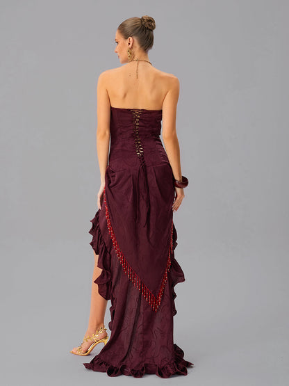 Abito Maxi A Balze Senza Spalline con Lace Up Jetskin