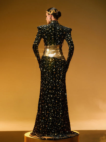 Abito Maxi Nero Con Applicazioni In Strass Jonson