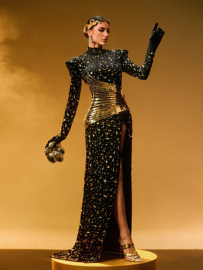 Abito Maxi Nero Con Applicazioni In Strass Jonson