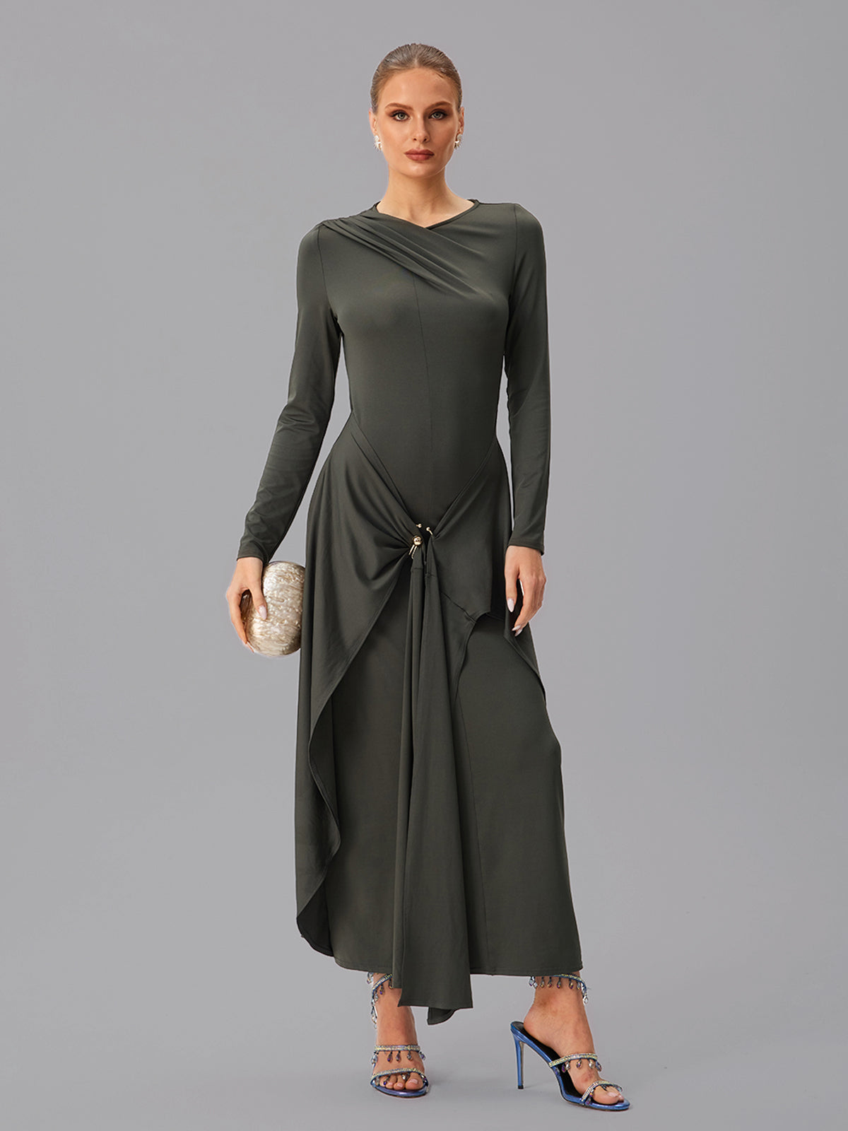 Abito Maxi Drappeggiato a Maniche Lunghe Jovectra