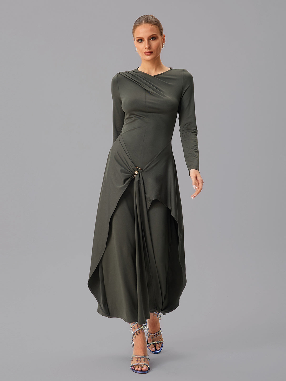 Abito Maxi Drappeggiato a Maniche Lunghe Jovectra