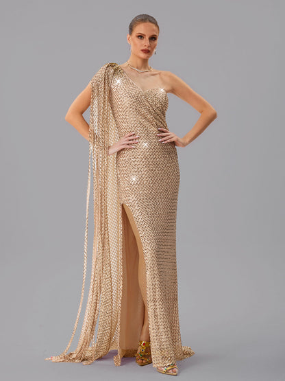 Junctionet Abito Maxi con Spallina Unica e Paillettes