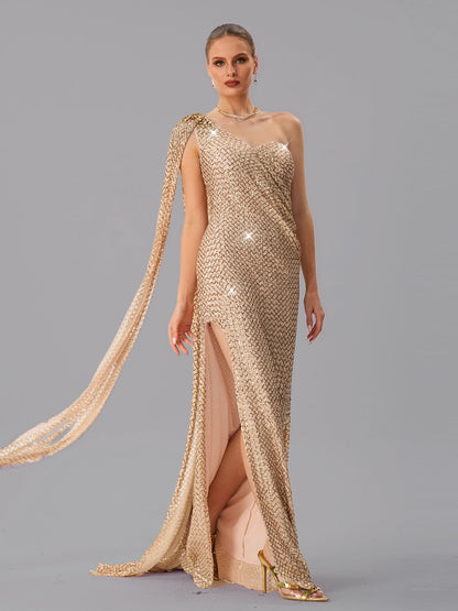 Junctionet Abito Maxi con Spallina Unica e Paillettes