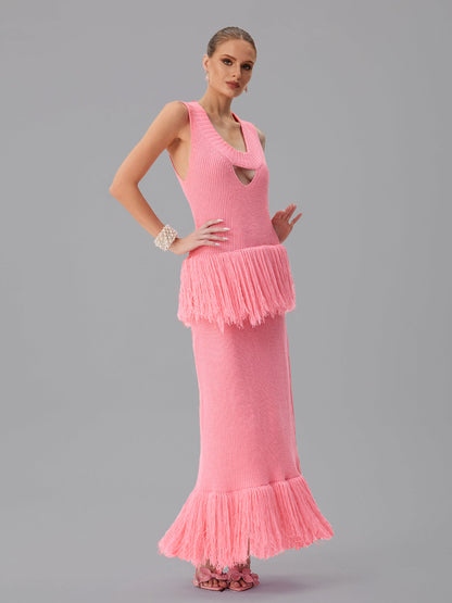 Abito Maxi Senza Maniche in Maglia con Frange Jutpulsar