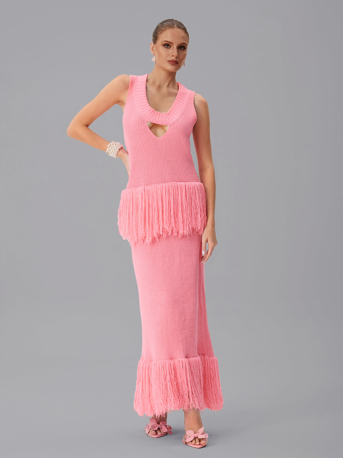 Abito Maxi Senza Maniche in Maglia con Frange Jutpulsar