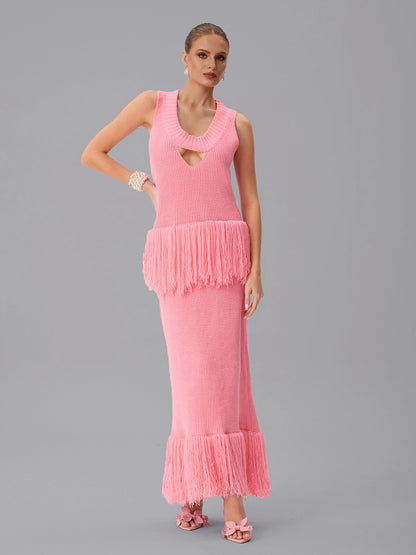 Abito Maxi Senza Maniche in Maglia con Frange Jutpulsar