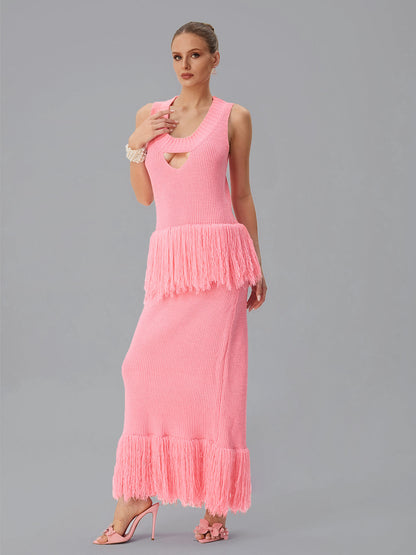 Abito Maxi Senza Maniche in Maglia con Frange Jutpulsar