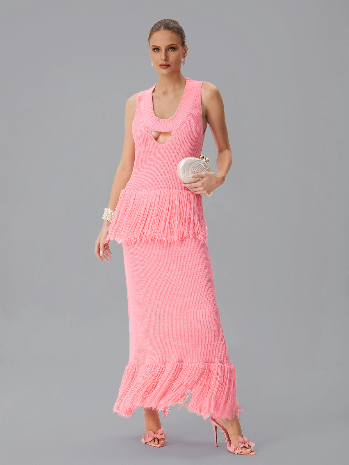 Abito Maxi Senza Maniche in Maglia con Frange Jutpulsar