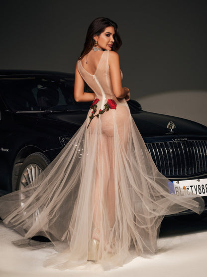 Abito in Rete Ricamato a Fiori Kateri con Scollatura a V