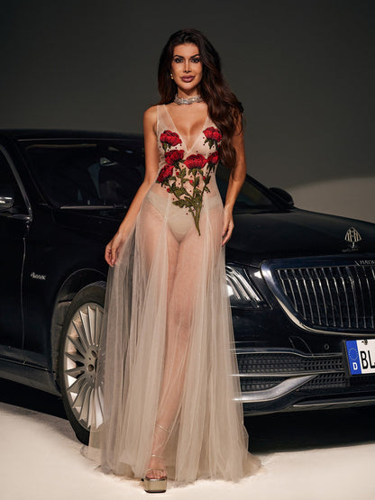 Abito in Rete Ricamato a Fiori Kateri con Scollatura a V