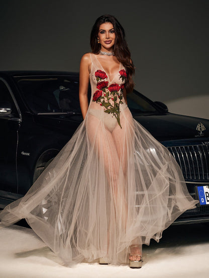 Abito in Rete Ricamato a Fiori Kateri con Scollatura a V