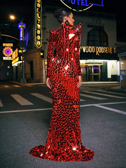 Abito Maxi Rosso Kellan a Manica Lunga con Decorazioni e Spacco