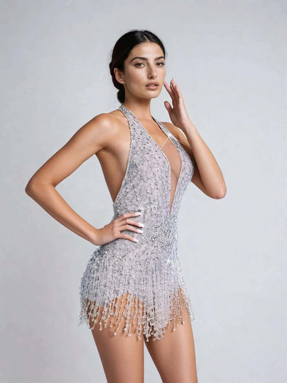Body con Frange di Strass Lachlan a Scollo Halter
