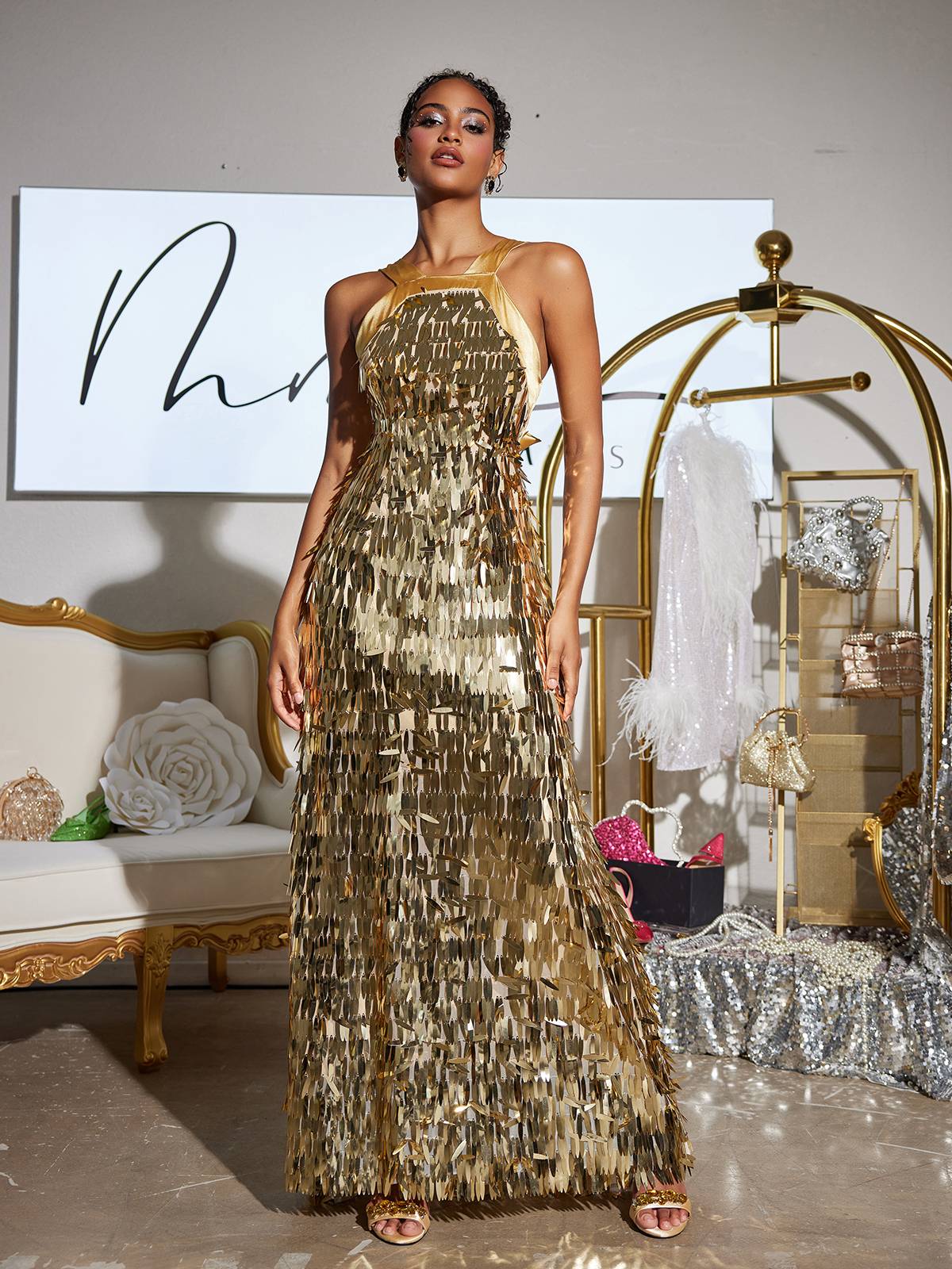 Abito Maxi Sequin con Fiocco Leosan