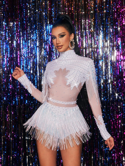 Body con Frange di Strass Lorvain in Bianco