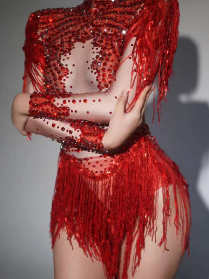 Bodycon con Frange di Strass Lorvain in Rosso