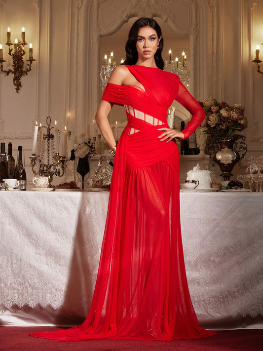 Abito Maxi in Rete con Cutout Corsetto Malati in Rosso