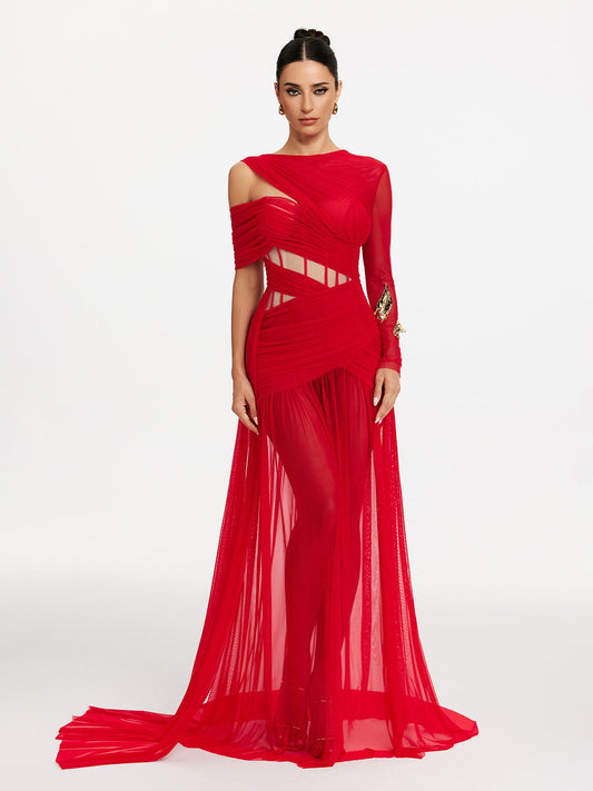 Malati Corsetto Taglio Mesh Maxi Dress In Rosso