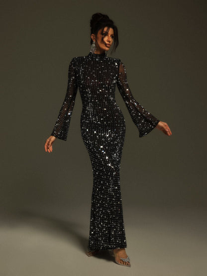 Abito Natalja in Rete con Maniche Lunghe e Cristalli