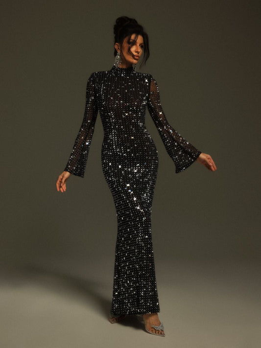 Abito Natalja in Rete con Maniche Lunghe e Cristalli