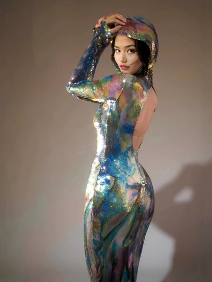 Abito Maxi con Maniche Lunghe e Cappuccio Nebraska Ombre in Blu