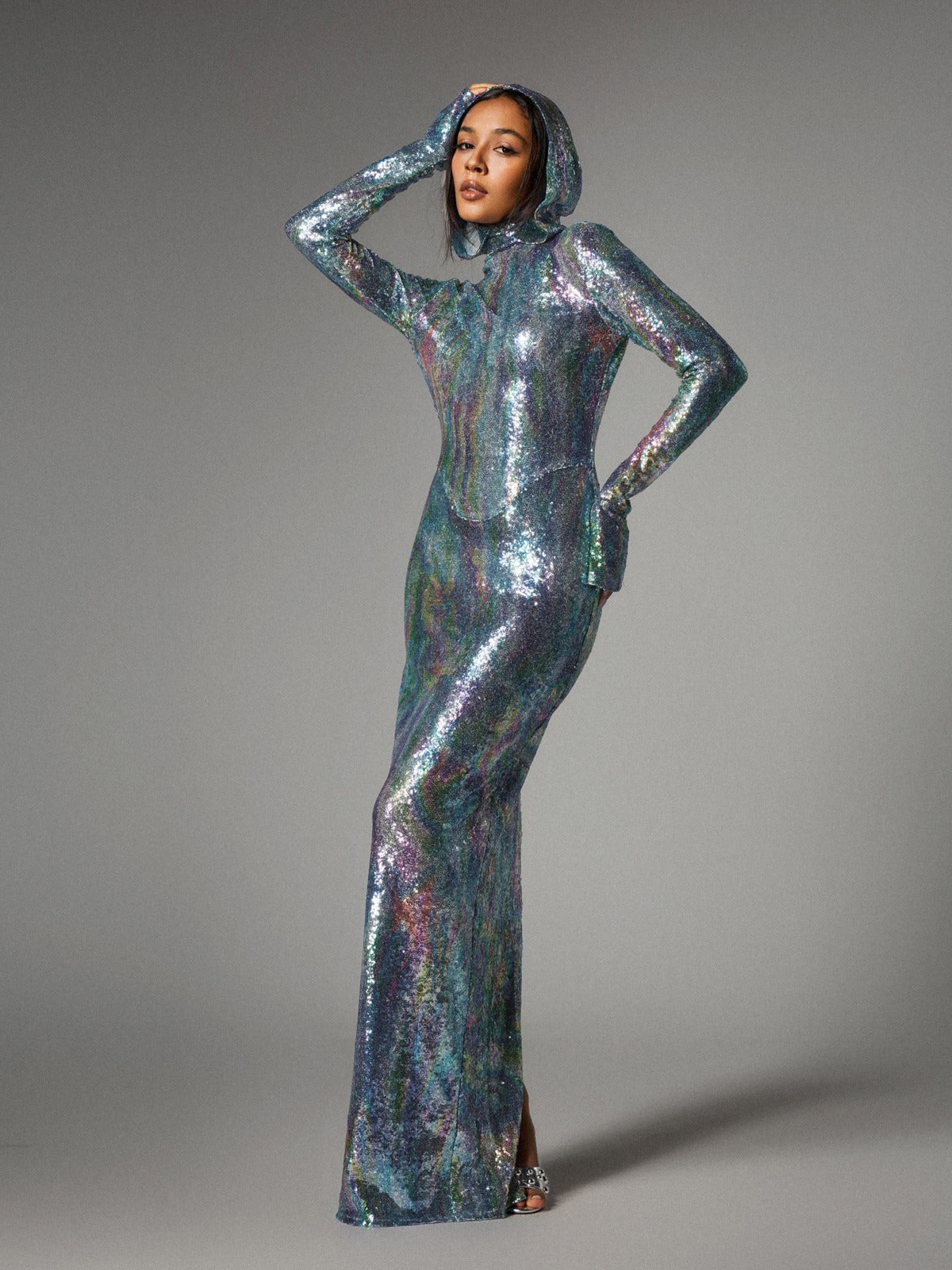 Abito Maxi Con Maniche Lunghe Ombre Nebraska In Blu Chiaro