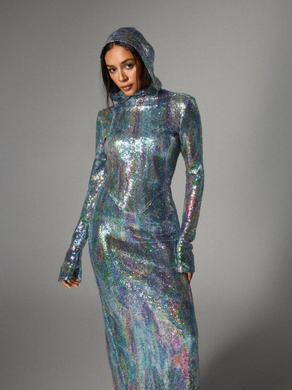 Abito Maxi Con Maniche Lunghe Ombre Nebraska In Blu Chiaro