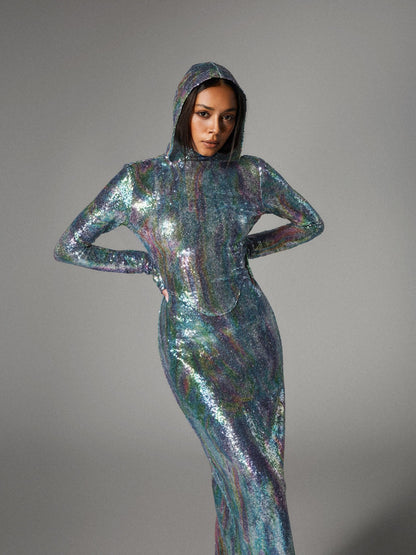 Abito Maxi Con Maniche Lunghe Ombre Nebraska In Blu Chiaro