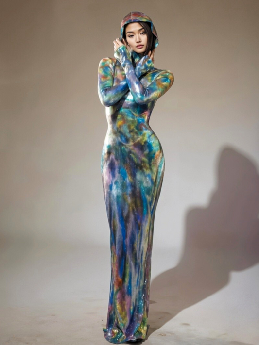 Abito Maxi con Maniche Lunghe e Cappuccio Nebraska Ombre in Blu