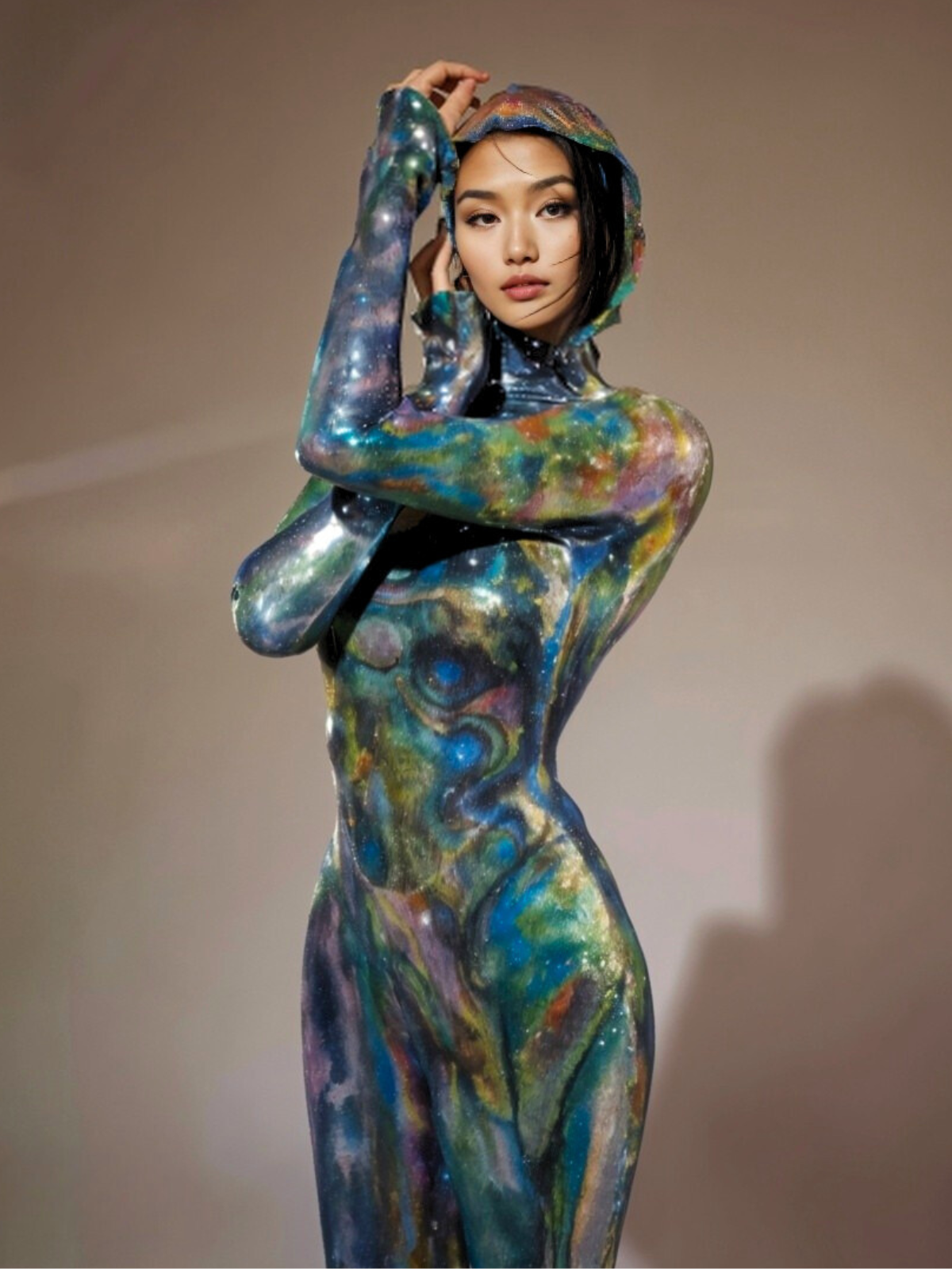 Abito Maxi con Maniche Lunghe e Cappuccio Nebraska Ombre in Blu