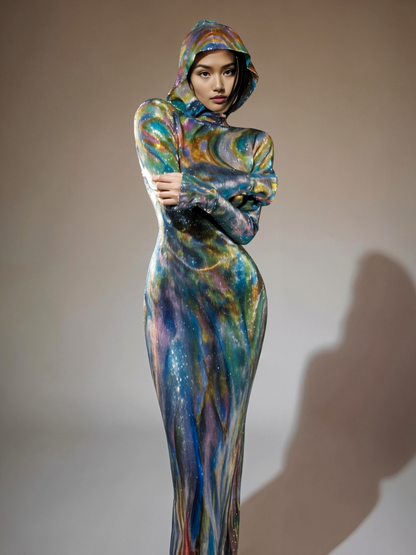 Abito Maxi con Maniche Lunghe e Cappuccio Nebraska Ombre in Blu