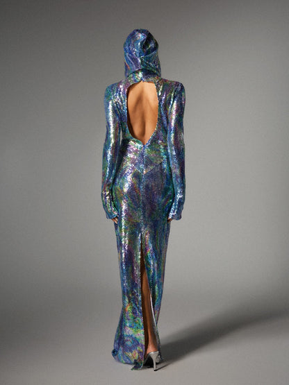 Abito Maxi con Maniche Lunghe e Cappuccio Nebraska Ombre in Blu