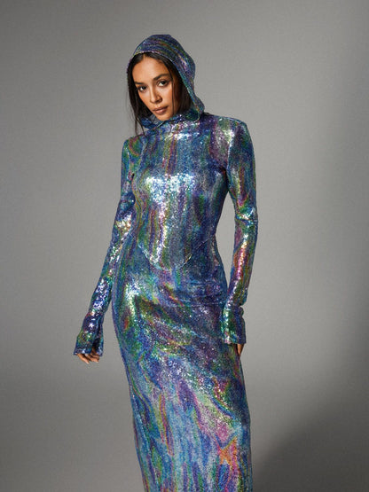 Abito Maxi con Maniche Lunghe e Cappuccio Nebraska Ombre in Blu