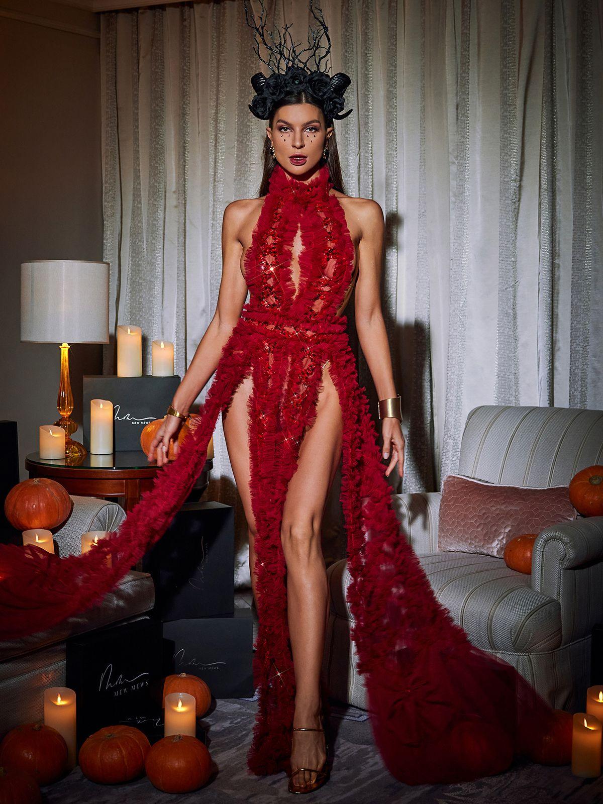 Abito in Tulle con Collo Alto Niam in Rosso