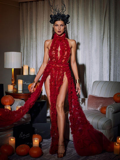 Abito in Tulle con Collo Alto Niam in Rosso