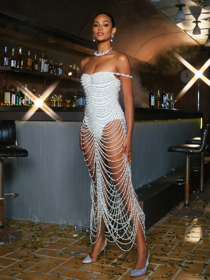 Abito Maxi Nicola con Frange di Perle