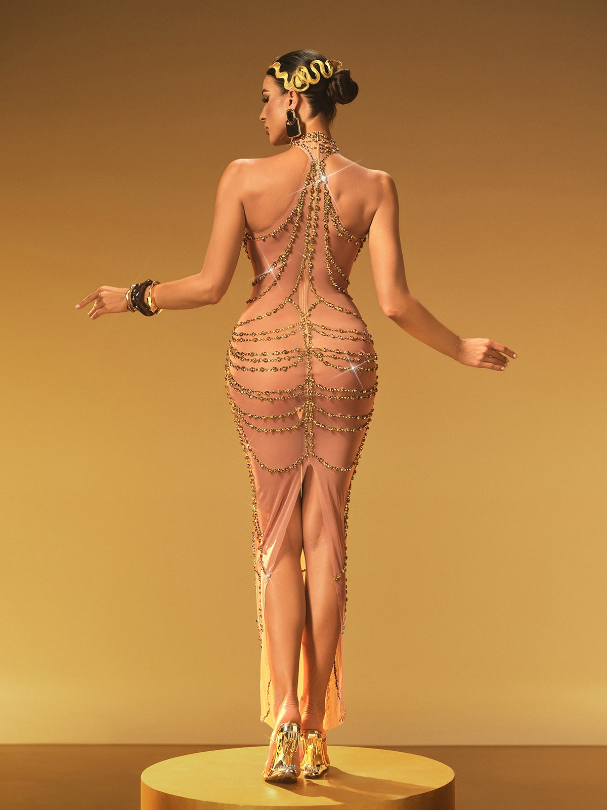 Abito Maxi Halterneck Olisa con Strass in Oro