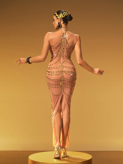 Abito Maxi Halterneck Olisa con Strass in Oro