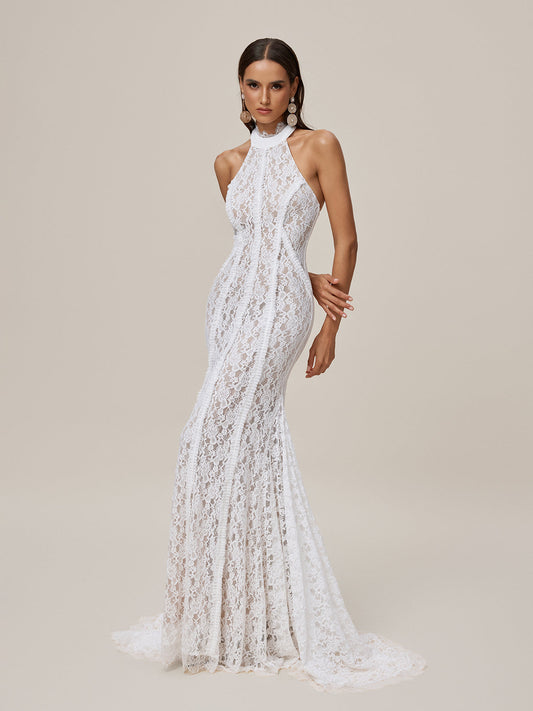 Abito Maxi in Pizzo con Scollo Halterneck Oorjita