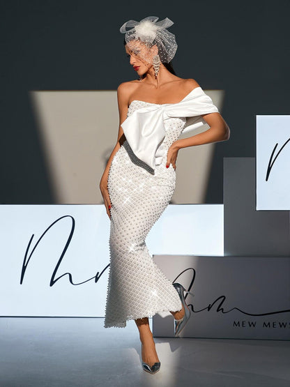 Abito Maxi Senza Spalline con Fiocco e Perle Ozzy