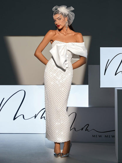 Abito Maxi Senza Spalline con Fiocco e Perle Ozzy