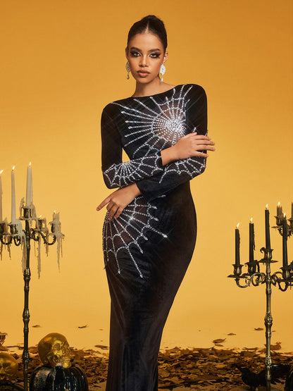 Abito Maxi in Velluto Ragnatela a Maniche Lunghe Pancho