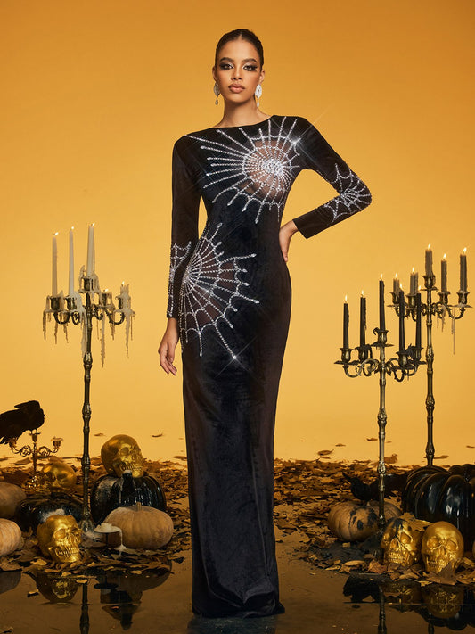 Abito Maxi in Velluto Ragnatela a Maniche Lunghe Pancho