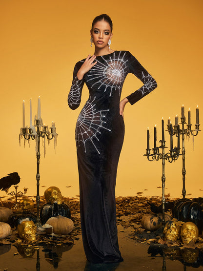 Abito Maxi in Velluto Ragnatela a Maniche Lunghe Pancho