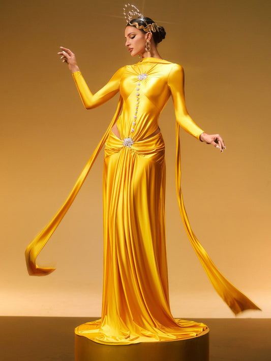 Abito Maxi in Seta Cristallo con Maniche Lunghe Panya