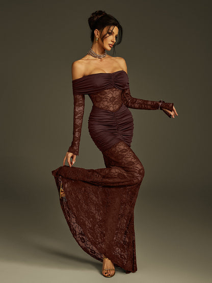 Abito Maxi in Pizzo Off Shoulder Poseidon