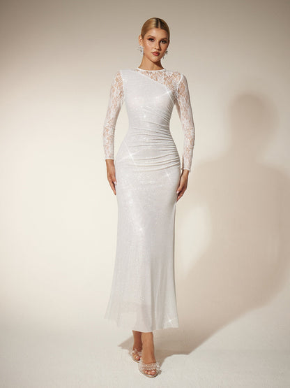 Abito Maxi In Pizzo Con Strass Raerion In Bianco