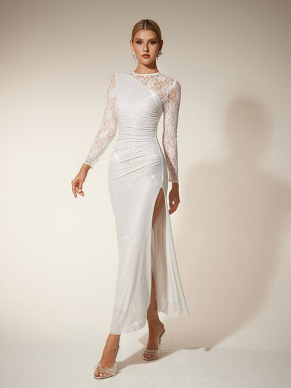 Abito Maxi In Pizzo Con Strass Raerion In Bianco